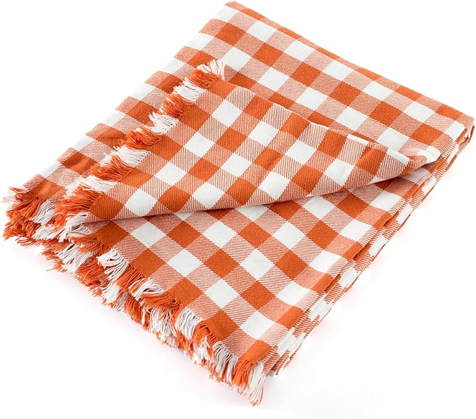 100% Cotton Throw Blanket Plaid Soft Lightweight Cozy Farmhouse Tassels Summer Thin Breathable Throws for Couch Sofa Bed (50" × 60" Orange)