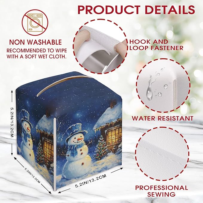 Blue Christmas Snowman Tissue Box Cover Holder, Snow Night Leather Tissue Box Cover Square, Xmas Gift Ideas for Family Friends, Bathroom Kitchen Car Office Home Table Decor(5.2 Inches)-B06
