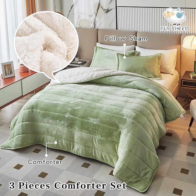 3-Layer Luxury Flannel Fleece Thick Bed Blanket Full Queen Size, Soft Plush Velvet Sherpa Blanket with 2 Pillow Shams Heavy Warm for Winter, Breathable n Washable, Mint Green