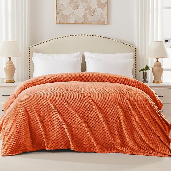 Exclusivo Mezcla Fleece Bed Blanket Queen Size, Super Soft and Warm Blankets for Couch, Sofa and Bed Waffle Textured, Cozy, Fuzzy and Lightweight (Burnt Orange, 90x90 Inches)