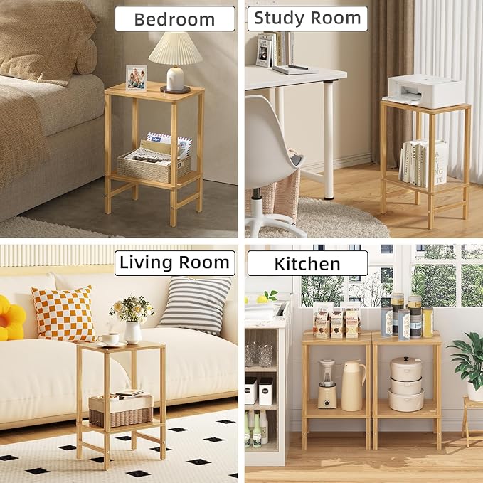 Side Table End Table Tall Night Stand 2-Tier 2 Pack for Living Room Bedroom Bathroom Office Furniture Natural