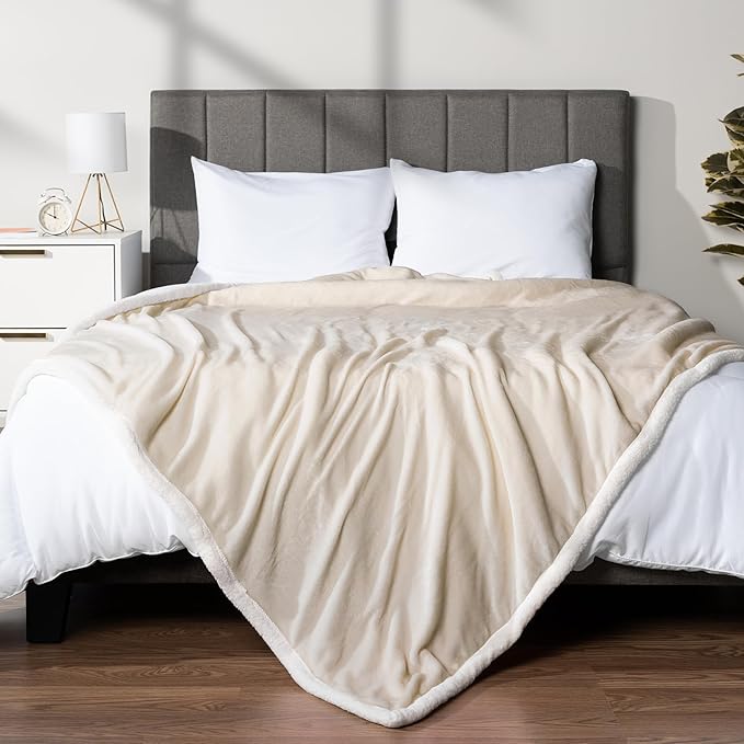 PAVILIA Sherpa Fleece Throw Blanket for Couch, Twin Size, Cream Beige, Plush Soft Fuzzy Sofa Blanket, Cozy Reversible Winter Throw for Women Men, 60x80 Inches