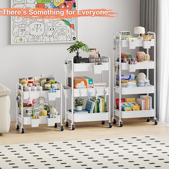 2 Tier Small Rolling Metal Cart with Wheels, White Under Desk Storage Cart on Wheels, Short Utility Roller Carts Organizer for Pantry, Bathroom, Kitchen,Office, Two Tiered Mobile Storage Shelf Trolley
