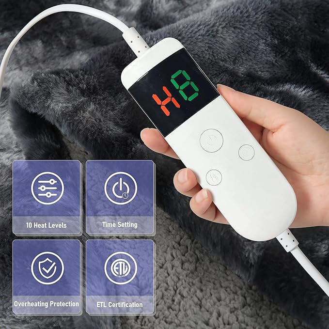 Electric Heated Blanket Throw 50''x60''Size Faux Fur Heating Blanket 10 Heating Settings, 1-8h Timer & Overheat Protection, Machine Washable, Soft Flannel and Sherpa Full Body Warmth