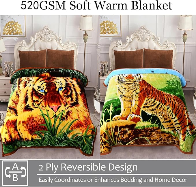 JYK Soft Fleece Bed Blanket Queen Size 5LB, Korean Style 2 Ply Reversible 520GSM Silky Plush Blanket Microfiber, Warm Cozy Blanket for Autumn, Winter 75x87 Inches - Green Tiger/Brown Tiger