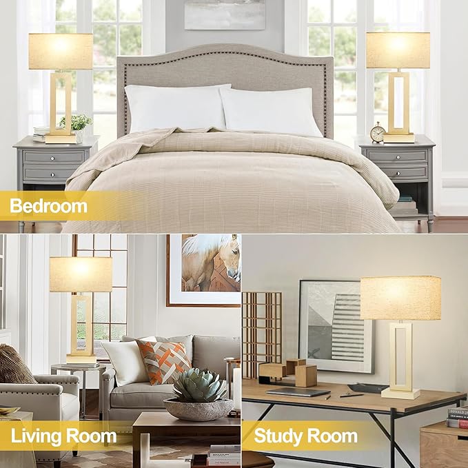 Seealle 22" Tall Bedroom Lamps for Living Room - Touch Gold Bedside Lamps with USB C+A, 3 Way Dimmable Lamp for Nightstand, Modern Night Stands Lamps for End Tables(Beige&Gold)