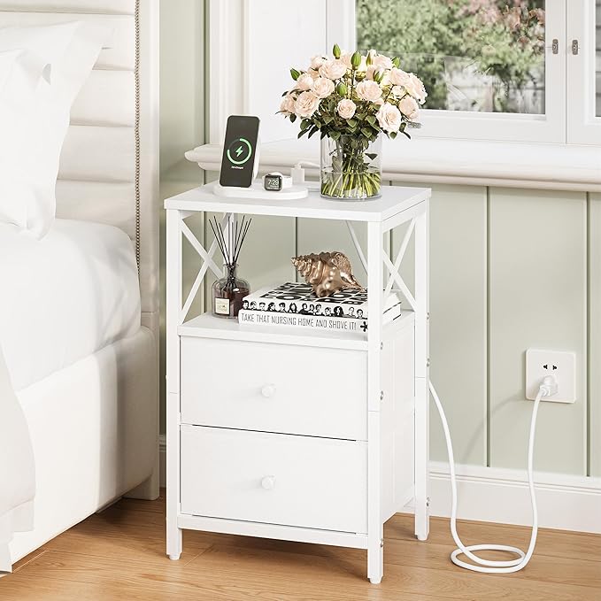 Nightstand Set of 2, Nightstands with Charging Station, Small Bedside Table with Storage Shelf, End Table with USB Ports & Outlets, with Fabric Drawers, for Couch, Bedroom(White) LET105W-2