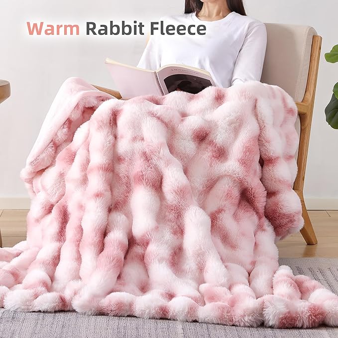 Smoofy Faux Fur Throw Blanket for Couch Rabbit Fleece - Tie-dye Pink Fluffy Blanket for Sofa Bedroom Living Room, Cozy Soft Plush Luxury Thick Winter Fuzzy Comfy Bubble Blanket - 60" x 80"