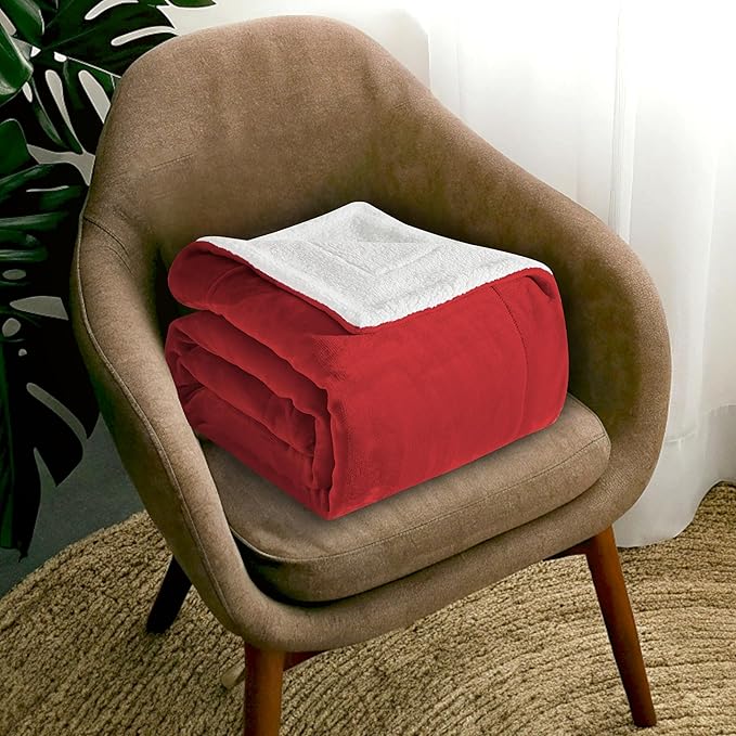 Mocassi Premium Ultra-Soft Flannel Fleece Sherpa Throw Blanket - Warm Cozy Reversible Plush Micromink Blanket for Couch, Bed and Sofa - Fluffy, Christmas Winter Bedding Gift, Full, Red