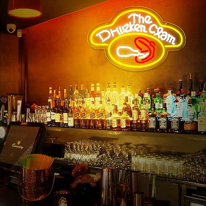 The Drunken Clam Neon Sign for Wall Decor ，Dimmable Bar Pub Beer Neon Light Sign，Family Guy The Drunken Clam Retro Bar Sign Cartoon Decor 10.1 * 15.7inch