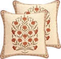 ISAENNE Design Linen Square Vintage Throw Pillow Covers 18"x18" Pack of 2, Brick Red Cushion Covers with Orange Floral Green Leaves Pattern Decoration Pillowcases for Bed,Living Room,Outdoor,Car