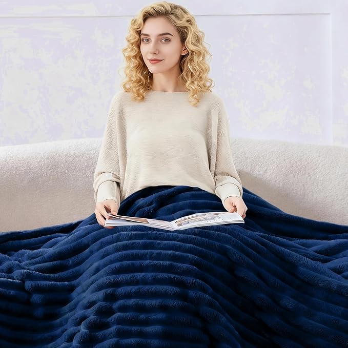 Nookly Navy Fleece Blanke Queen Size, Soft Lightweight Ribbed Plush Bed Blanket, Cozy All-Season Striped Fleece for Bedroom and Home Décor, 90x90 Inches