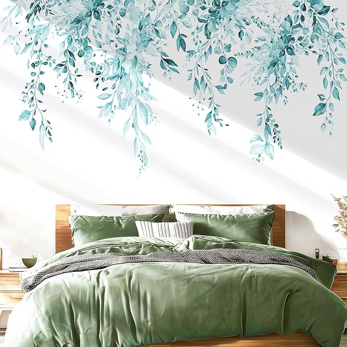 Spa Green Plants Leaves Wall Decals Peel and Stick, Large Floral Flowers Vinyl Wall Stickers, Removable Vine Home Decor Art for Bedroom Living Room Classroom Office