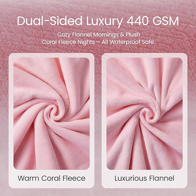 LOOBANI Waterproof Blanket for Bed: Reversible Leakproof Full/Queen Bed Blankets 80" x 90", Soft Flannel & Coral Fleece Bed Blanket Water Resistant for Couch Sofa Cover, Movie Time, Camping, Pink