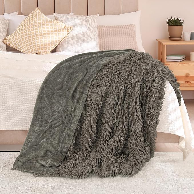 TOONOW Extra Soft Fuzzy Faux Fur Throw Blanket 50"x60", Reversible Lightweight Fluffy Cozy Plush Comfy Microfiber Fleece Decorative Shaggy Blanket for Couch Sofa Bed, Dark Brown