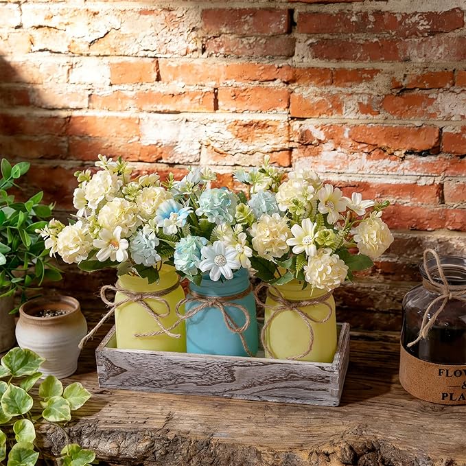 LUEUR Mason Jar Lights Centerpiece with Farmhouse Wood Tray – 3 Jars with Blue & Yellow Hydrangea Flowers, Rustic Spring & Wedding Decoration for Dining Table, Coffee Table, Kitchen & Living Room