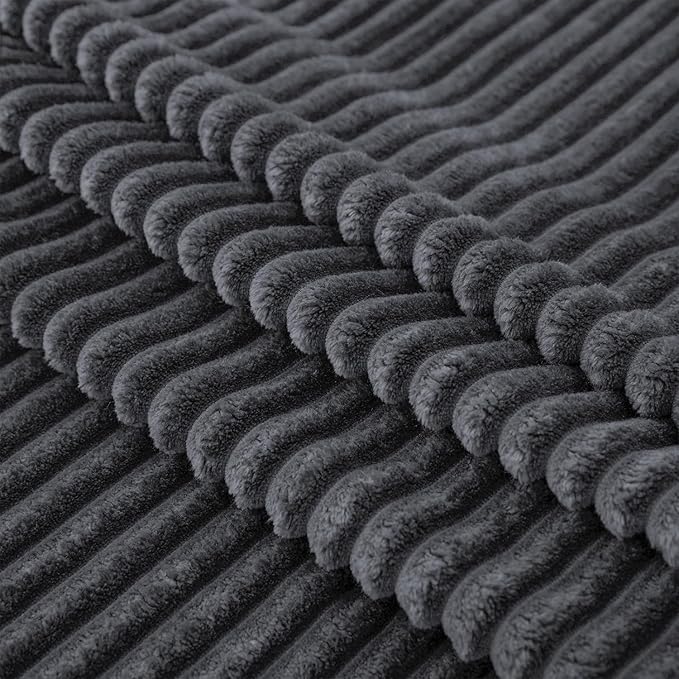 Vessia Flannel Fleece Throw Blanket, Lightweight Warm and Soft Striped Grey Couch and Bed Blanket, Cozy Microfiber Ribbed Sofa Decor for All Season