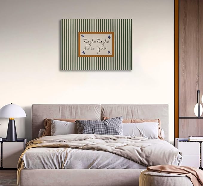 Goodnight Love You Canvas Wall Art Vintage Green Striped Above Bed Wall Decor Picture Mid Century Modern Minimalist Poster Painting Print Artwork for Baby Bedroom Dorm Room Decor, Framed