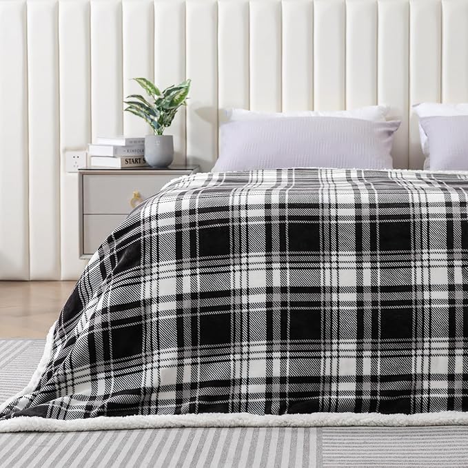 Touchat Sherpa Plaid Throw Blanket,Fleece Flannel Plush Twin Size Microfiber Blanket for Couch Bed Sofa,Fuzzy Fluffy Cozy Soft Blanket(60" X 70", Plaid Black)