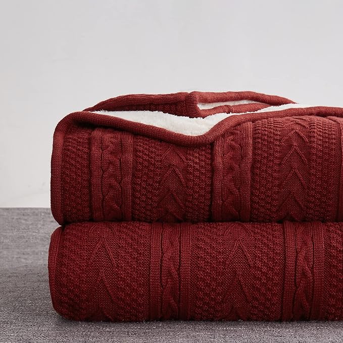 Longhui bedding Acrylic Cable Knit Sherpa Throw Blanket - Thick, Soft, Big, Cozy Wine Red Knitted Fleece Blankets for Couch, Sofa, Bed - Large 60 x 80 Inches Coverlet All Season, Burgundy Color