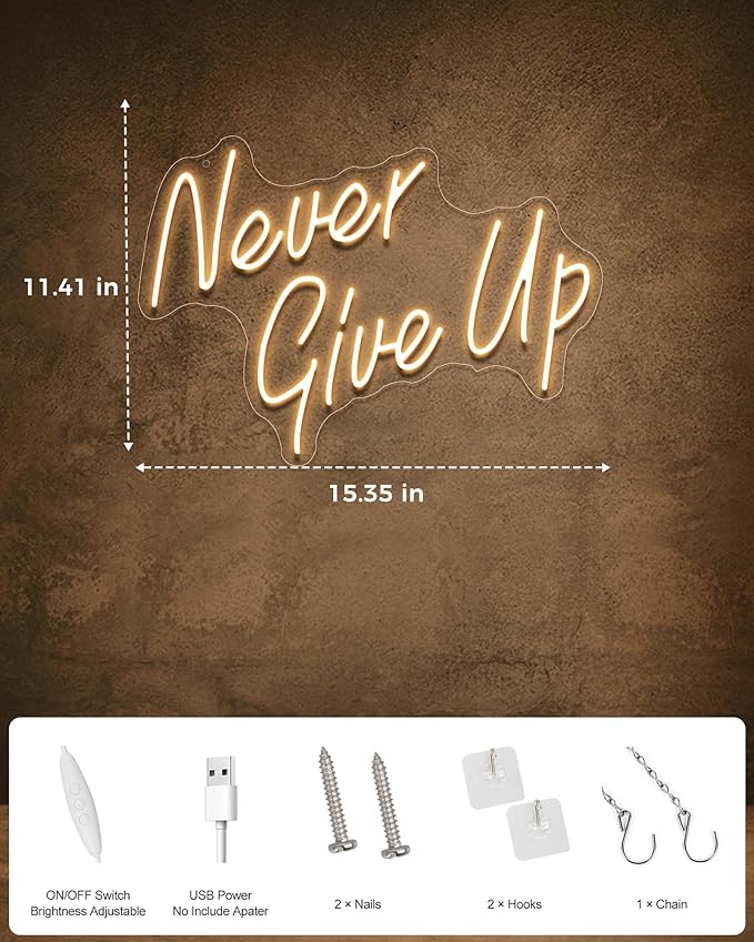 NEVER GIVE UP LED Neon Sign for Wall Decor,Neon Lights Party Decorations, USB Powered Switch Neon Lights lighting adjustable for Office Room, Gym Room, Man Cave, Gamer Room