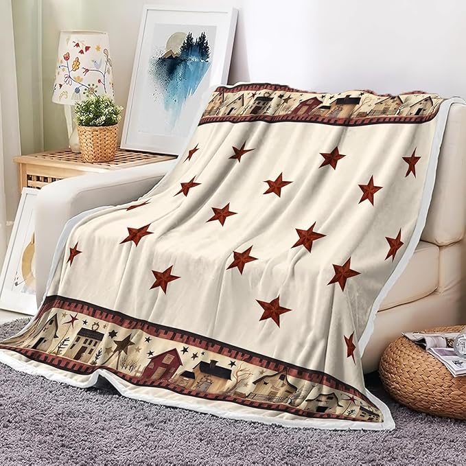 JAWO Rustic Country Throw Blankets, Primitive Barn Star Cozy Warm Bed Couch Blanket, Christmas Farmhouse Theme Fleece Flannel Throws to Decorate The Room and Bedroom 60X80IN