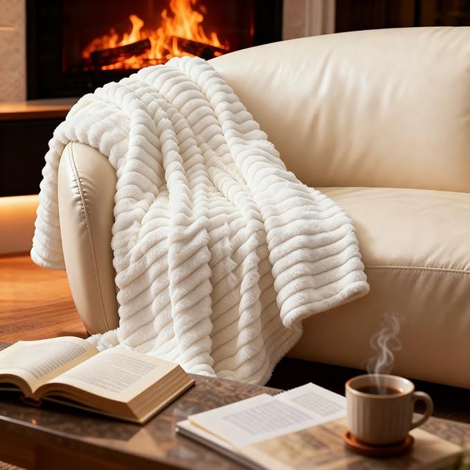 Nookly Cream Fleece Throw Blanket for Couch, Soft Lightweight Ribbed Plush Blanket for Sofa and Bed, All-Season Cozy Striped Throw for Women Girl 50x60 Inches