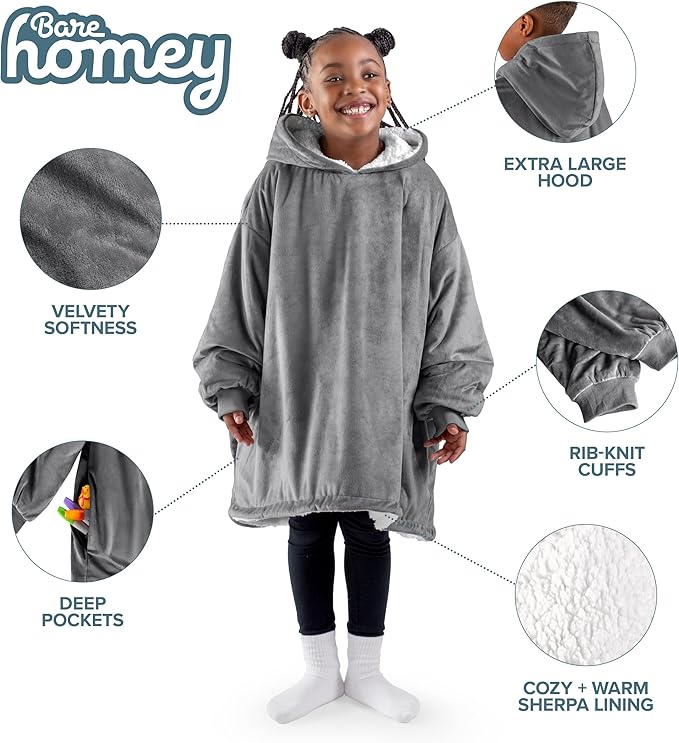 Bare Home Wearable Blanket Hoodie - Soft Plush Sherpa - Warm and Cozy - Oversized Wearable Blanket - Adult & Kid Sizes