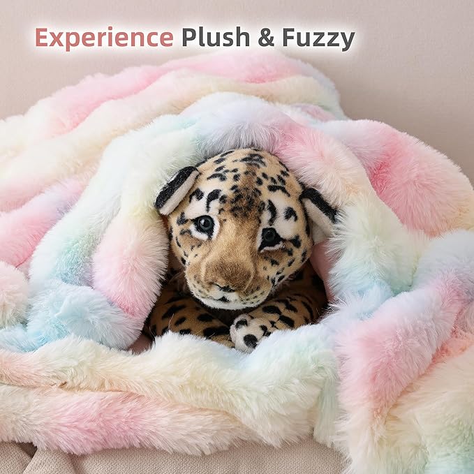 Smoofy Faux Fur Throw Blanket for Couch – Rainbow Fluffy Cozy Rabbit Fleece, Plush Soft Bubble Blanket for Sofa & Bed, for Mom, Warm Fuzzy Home Room Decor Throw 50" x 60"