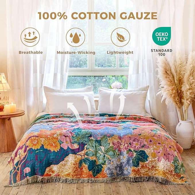 Boho Throw Blanket for Couch Sofa Chair Cotton Spring Blankets for Bedroom Living Room All Season Soft Lightweight Reversible Floral Embroidery Breathable Decorative Throws 50"x60"