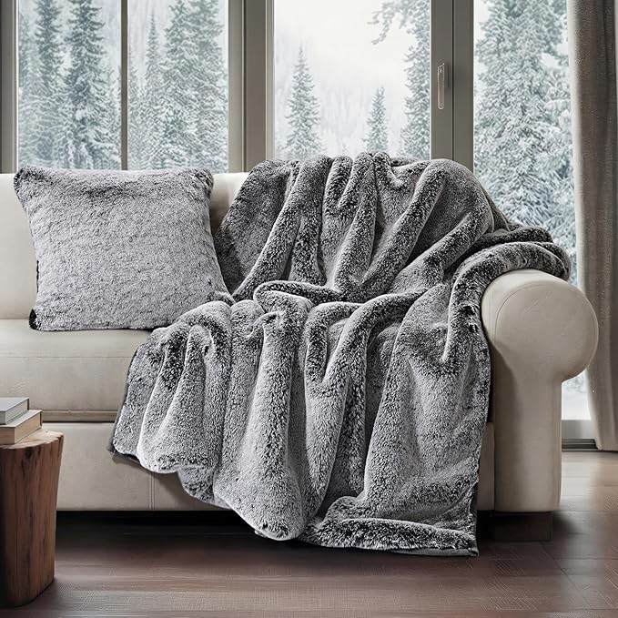EVERGRACEHOME Luxury Soft Faux Chinchilla Fur Throw Blanket for Couch, Warm Thick Heavy Winter Throw Blanket 1220GSM for Bed, Fluffy Cozy Mink Blanket with Reversible Velvet, Onyx Mink, 50"x60"