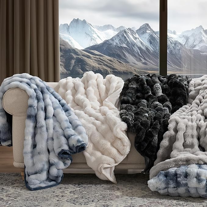 EverGrace Ultra Soft Luxury Fluffy Faux Rabbit Fur Throw Blanket, Thick Warm Bubble Throw for Bed, Cozy Plush Reversible Blankets for Couch, Chair, Sofa, Cloud Blue, 60x80 Inches