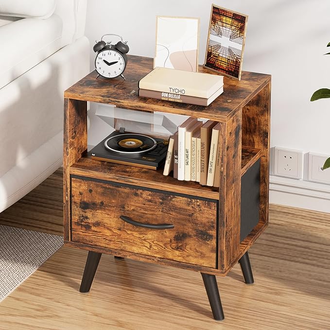 Night Stand, Brown Nightstand with Drawer, Side Table with Open Storage, 2-Tier Modern End Table, Bedside Table for Small Space, Living Room, Bedroom