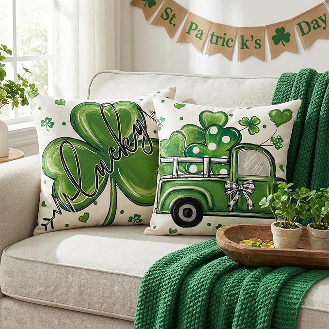ONFAON St Patricks Day Pillow Covers 18x18 Set of 4 Shamrock Green St Patricks Day Decorations St Patricks Day Hat Farmhouse Classic Decorative Square Cushion Cases for Sofa Couch