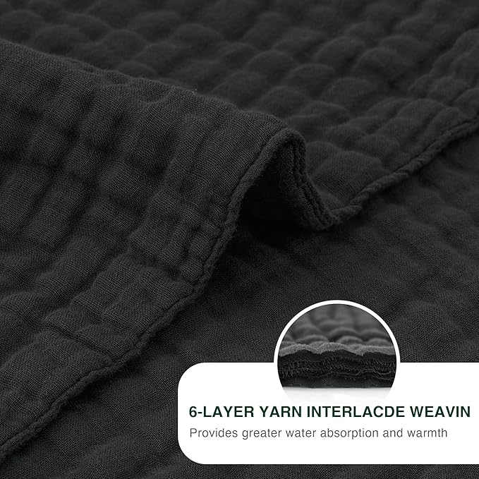Love's cabin 100% Cotton Muslin Blanket, 6 Layer Lightweight Breathable Gauze Queen Size Blanket 90 x 90 Inches, Soft All Season Blanket for Bed, Black