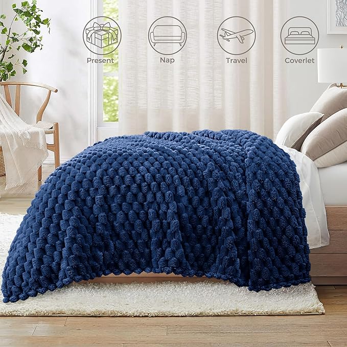 Whale Flotilla King Size Blanket for Bed with Jacquard Pattern, Fuzzy Soft Cozy Exquisite Blankets for All Season, Warm and Fluffy, 90x104 Inch, Navy Blue