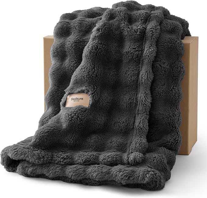 Bedsure 3D Fleece Bubble Blanket for Couch - GentleSoft Grey Throw Blanket for Sofa Bed Room Decor - Luxury Soft Cozy Gifts for Women, Lightweight, All Seasons, Dark Grey, 50"×60"
