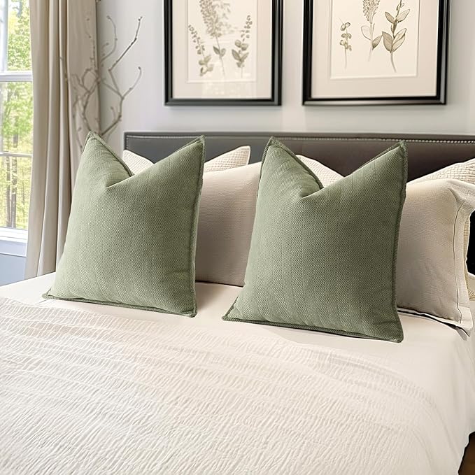 MIULEE Pack of 2 Sage Green Decorative Pillow Covers 26x26 Inch Soft Chenille Luxurious Couch Throw Pillows Farmhouse Cushion Covers Euro Shams Elegant Design for Sofa Bed Living Room Spring Decor