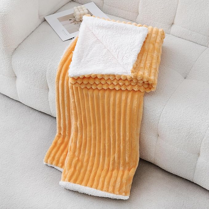Warm Yellow Sherpa Fleece Throw Blanket 60”×80” for Couch Sofa Bed,Super Soft Cozy Plush Double Side Thick Flannel Blanket with Striped Design Lightweight for Adults,Woman,Girls