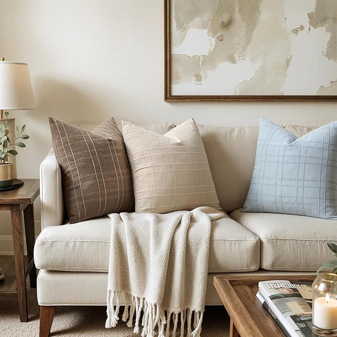 MIULEE Decorative Linen Check Throw Pillow Covers Neutral Farmhouse Vintage Pillow Covers 20x20 Set of 2 Boho Modern Home Decor for Sofa Couch Bedroom Cushion Coastal Blue