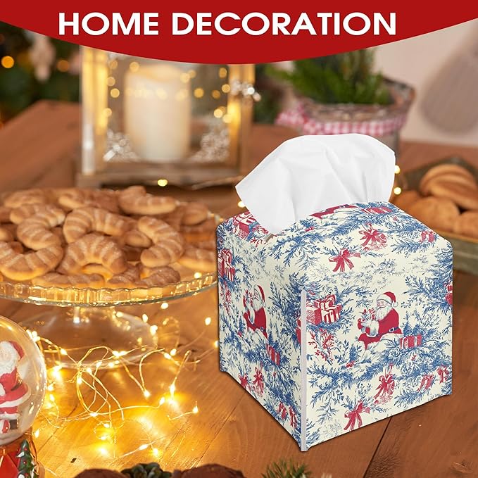 Blue Chinoiserie Tissue Box Cover Leather, Christmas Santa Claus Tissue Box Cover Square, Xmas Gift Ideas for Family Friends, Bathroom Kitchen Car Office Home Table Decor(5.2 Inches)-B16