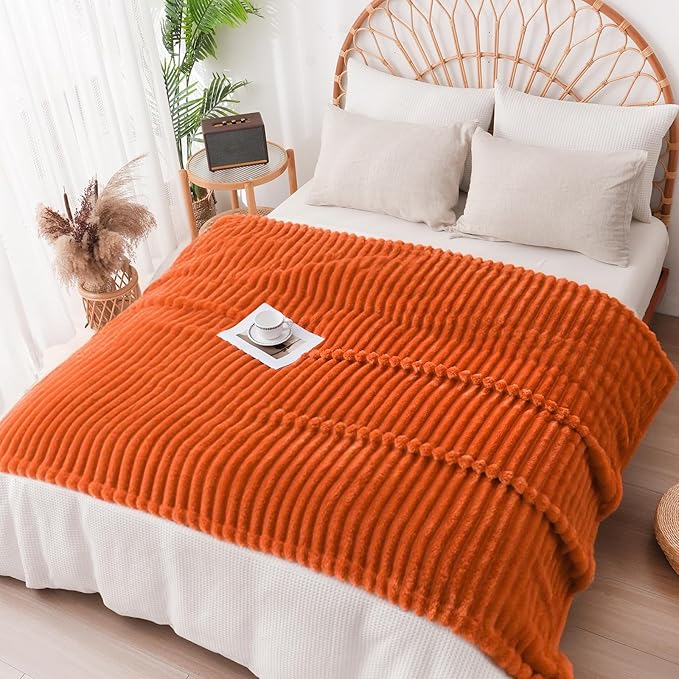 Vessia Flannel Fleece Orange Twin Blanket(60x80inch), 300GSM Striped Blanket for Adults and Kids, Super Soft Warm Cozy Lightweight Home Decor for All-Season