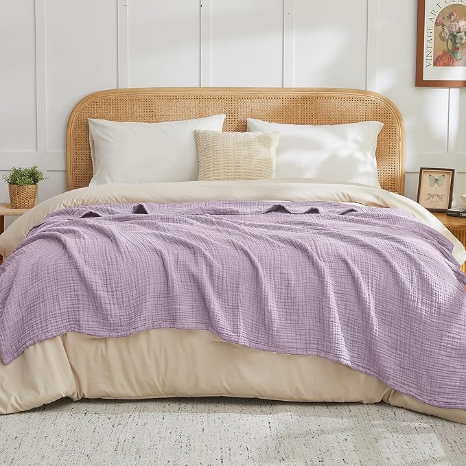 EMME Cotton Muslin King Blanket Bed Layering Bedspread Coverlet Breathable Gauze Soft Lightweight (Heather Lavender, 108"x90")