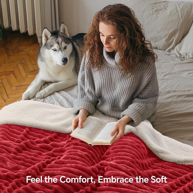 INFIIXSO Sherpa Fleece King Size Blanket - Super Soft & Warm Striped Fleece, Cozy Plush Fluffy Large Bed Blanket All Season Use (Red, 104x90 Inches)
