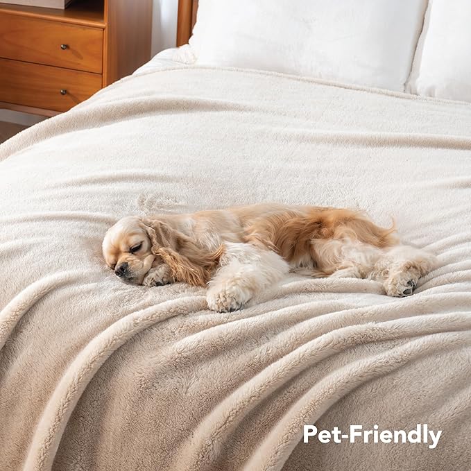Berkshire Blanket Classic Extra-Fluffy™ Plush Blanket Queen Size, Soft Fuzzy Fluffy Long Hair Blanket for Couch Sofa Bed, Chino Khaki, 90x90 Inches