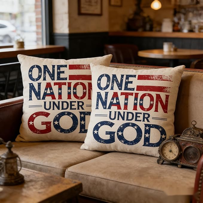 Patriotic Throw Pillow Covers, One Nation Under God, Linen, 18x18 Inch, Set of 2, Farmhouse Style, Indoor Living Room Decor July 4th — Independence Day