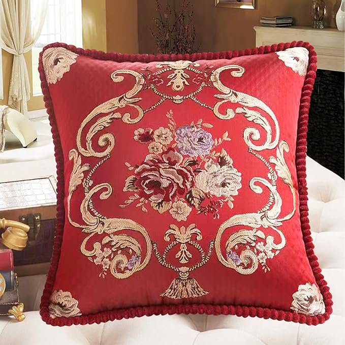 SZHELEJIAM Pillow Covers 18x18 Set of 2, Jacquard Vintage Embroidered Thow Pillow Cove,for Decorating Living Room Sofas, Beds, Chairs, and Recliners Cushion Cases Red