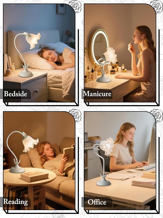 Flower Table Lamp,LED Reading Light Bedside Vintage Flower Night Light,3 Colors Modes Kawaii Bedside Lamps Decor,Living Room Bedroom Room Lighting Table Lamps Home Decoration (White Pearls)
