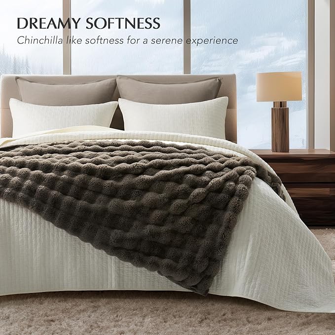 EverGrace Ultra Soft Luxury Fluffy Faux Rabbit Fur Throw Blanket, Thick Warm Bubble Throw for Bed, Cozy Plush Reversible Blankets for Couch, Chair, Sofa, Dark Taupe, 60x80 Inches