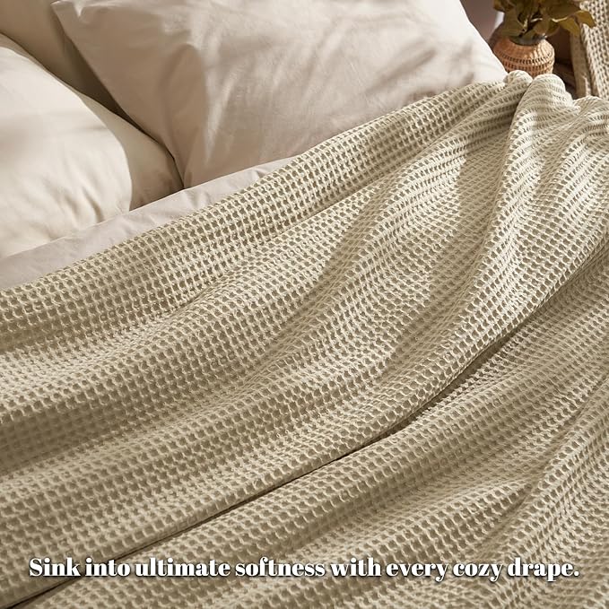 PHF Ultra Soft Waffle Weave Throw Blanket 50"x 60"- Washed Lightweight Breathable Cozy Woven Blanket for Bed - Aesthetic Decor for Couch Bedding Sofa Home Car - Khaki